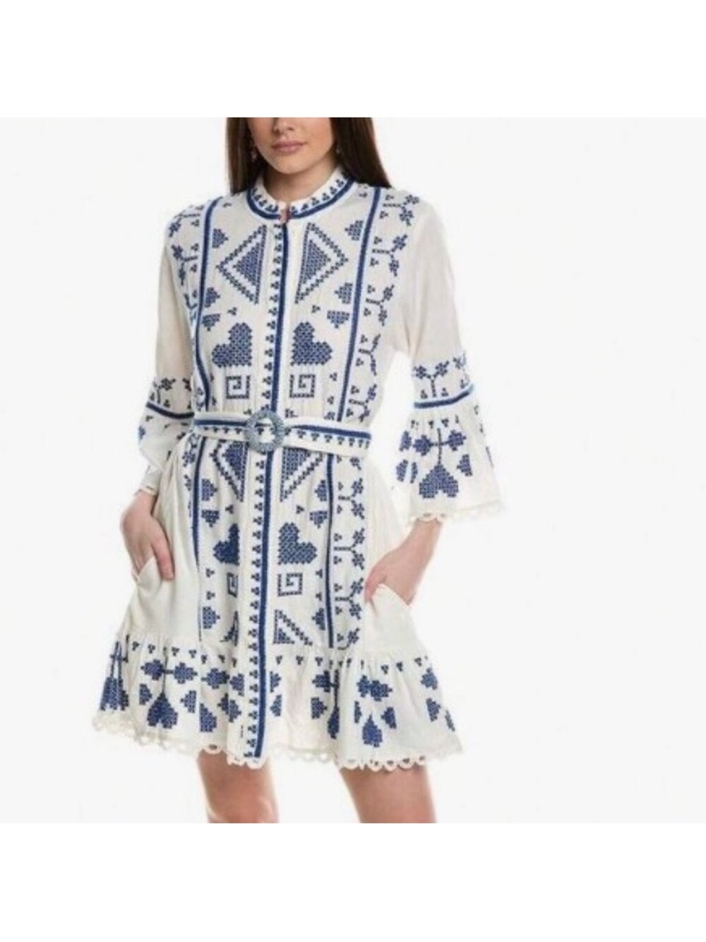 Farm Rio Blue And White Cross Stitch Mini Dress NWT